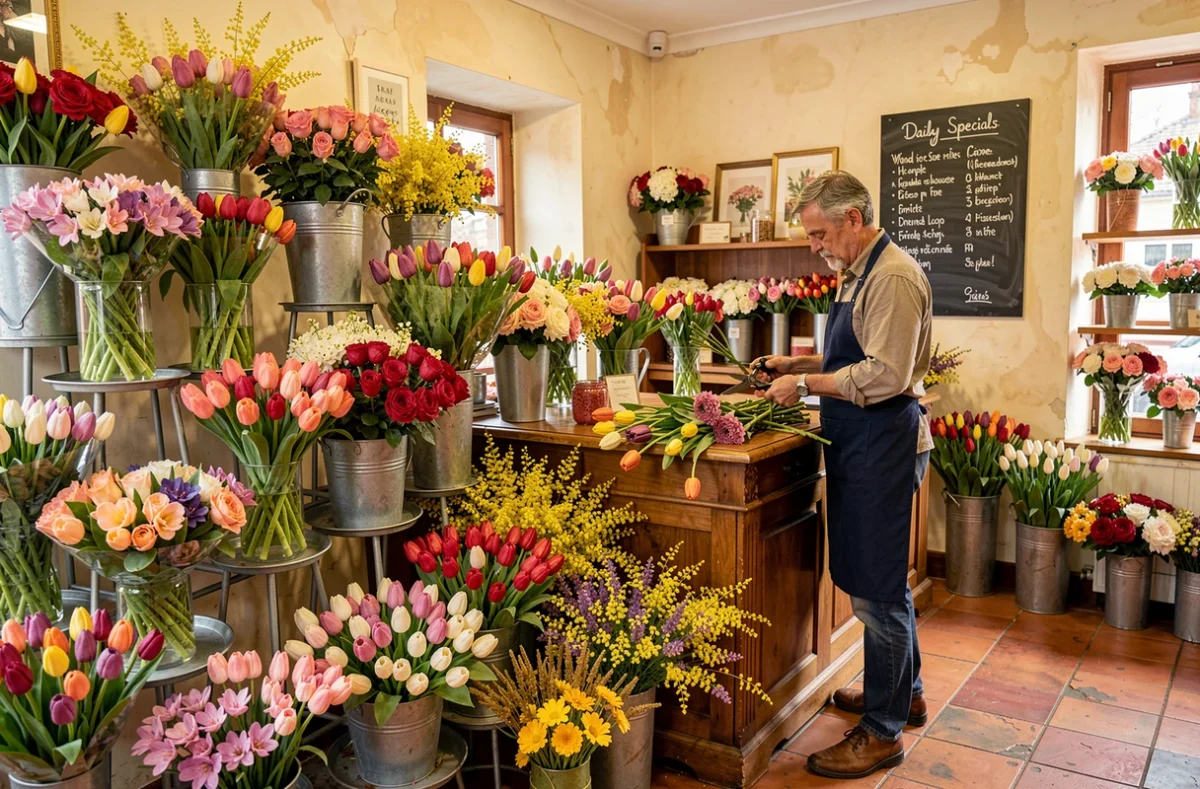 Fleuriste masculin de Merlino Fleurs debout derrière son comptoir en bois entouré de bouquets colorés de tulipes et freesias