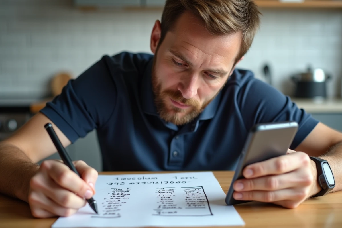 Homme consultant une méthode manuelle de conversion mile en kilomètre avec calculatrice sur smartphone dans une cuisine moderne
