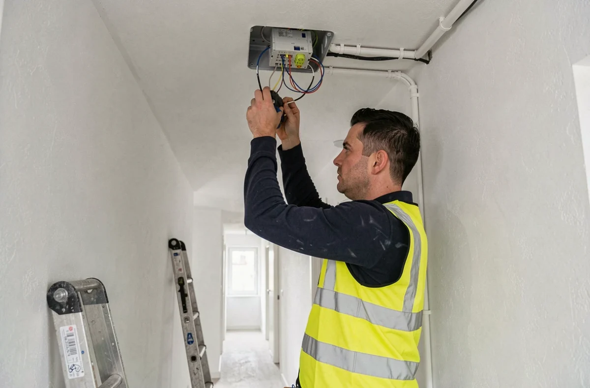 Ndiade Yaya, électricien, connectant des câbles dans un boîtier de jonction au plafond d'un couloir d'appartement