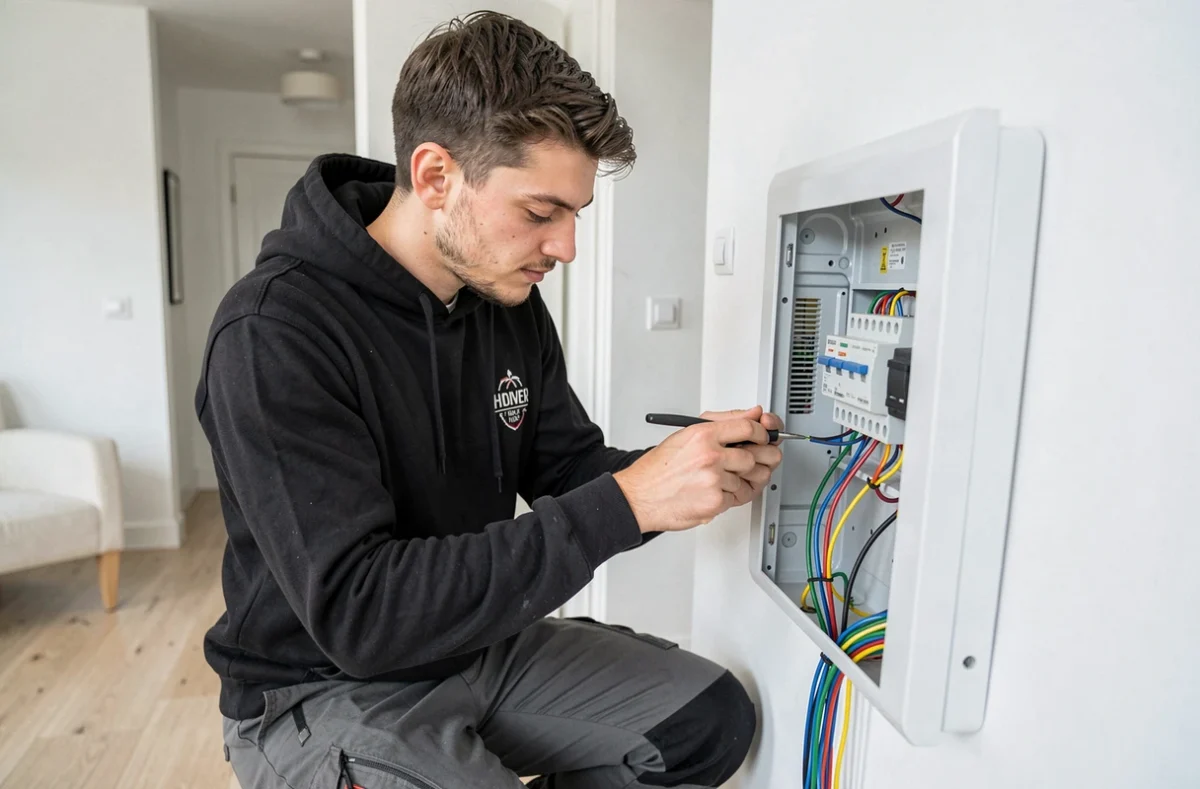 Jeune électricien de NMD.elec76 installant un tableau électrique intelligent dans un appartement rénové