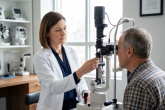 Opticienne réalisant un examen à la lampe à fente sur un patient âgé dans un cabinet d'optique moderne pour le dépistage des maladies oculaires