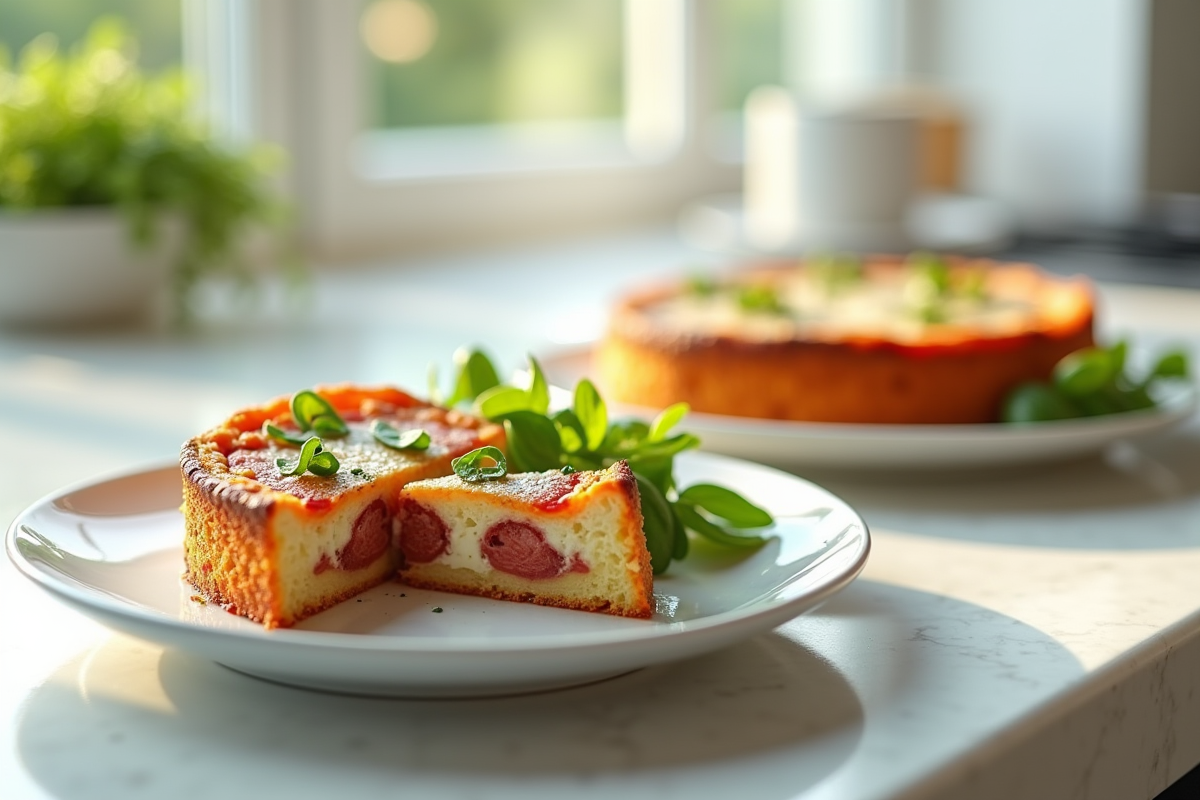 Partage de gâteau au chorizo et feta sur assiettes blanches