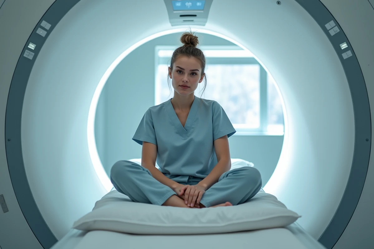 Jeune femme patient assise près d’un scanner MRI
