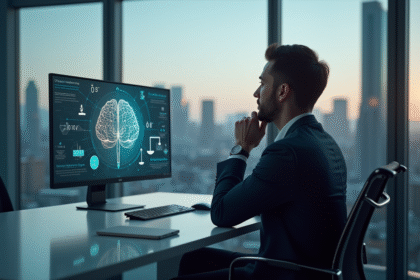 Personne d'affaires réfléchie devant un écran d'intelligence artificielle