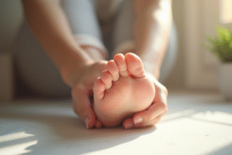 Personne grattant doucement la plante du pied dans un intérieur lumineux