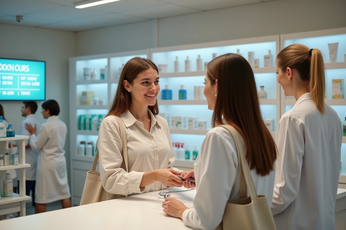 Pharmacie ouverte tard le soir à Montpellier, cliente au comptoir un dimanche