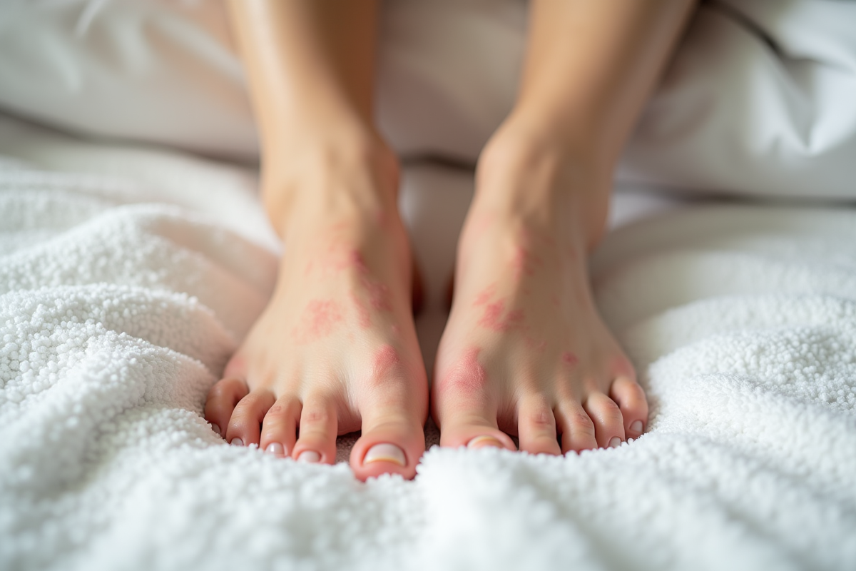 Paire de pieds avec rougeurs et sécheresse sur une serviette blanche
