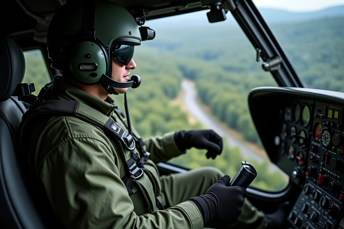 Pilote d'hélicoptère militaire aux commandes en mission de patrouille, vue rapprochée du cockpit en vol
