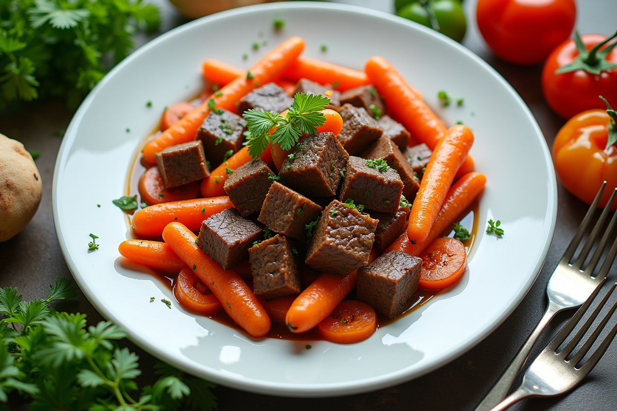 Portion de boeuf et carottes avec herbes fraîches