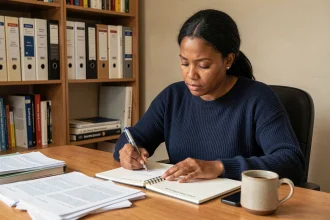 Femme étudiant des documents de préparation à l'entretien de naturalisation française à son bureau