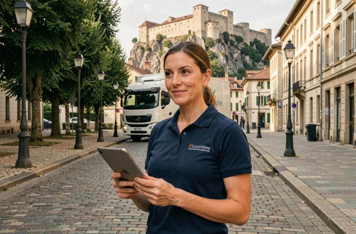 Coordinatrice de déménagement sur le Cours Bouychères à Foix avec le château en arrière-plan