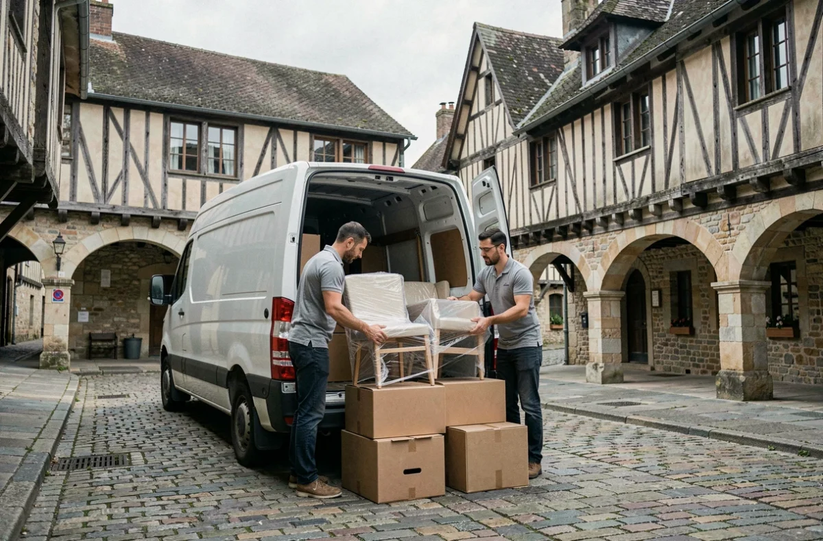 Déménageurs déchargeant des meubles sur une rue pavée de Mirepoix avec les maisons médiévales à colombages en arrière-plan