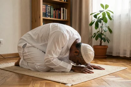 Homme en prière sur un tapis de prière dans un appartement à Roubaix, illustrant la prière à domicile