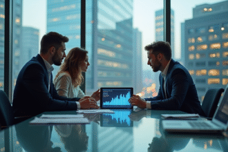 Groupe de professionnels travaillant sur une tablette blockchain