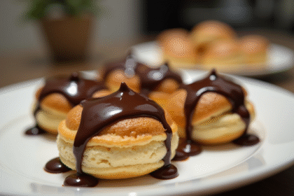 Profiteroles fraîchement faites avec sauce chocolat brillante