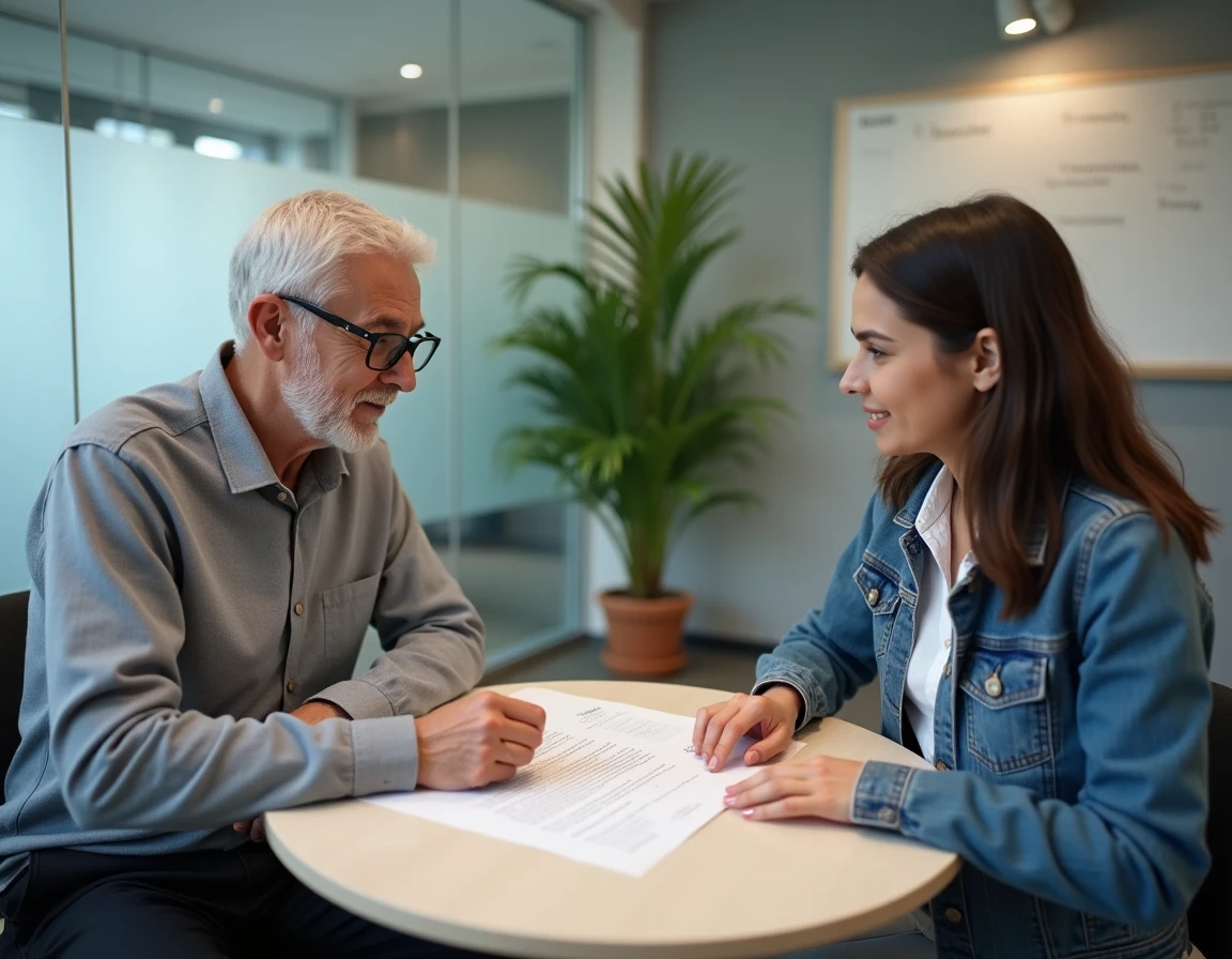 Propriétaire et locataire discutant des clauses d'un contrat de location dans un bureau immobilier