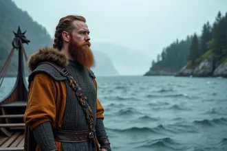 Reconstituteur viking barbu en cotte de mailles sur la proue d'un drakkar scandinave dans un fjord brumeux