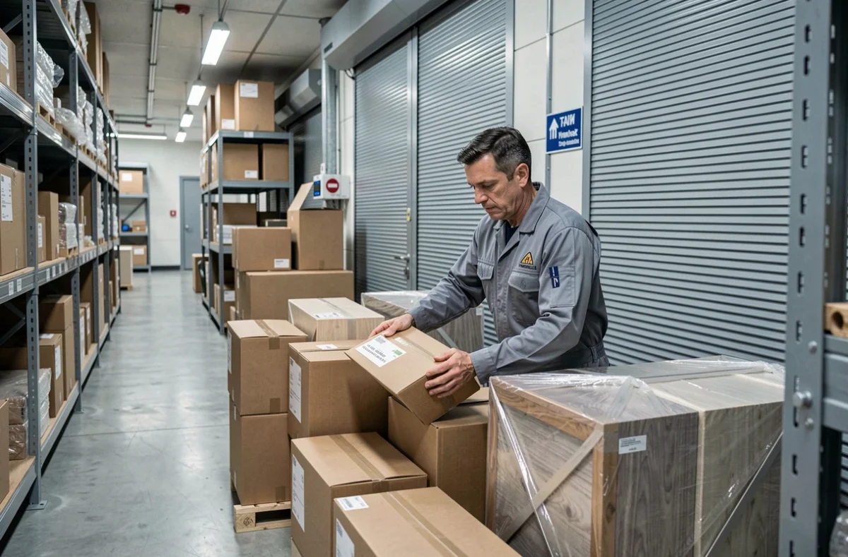 Agent de garde-meubles Resotainer organisant des cartons dans une unité de stockage à Verniolle près de Pamiers