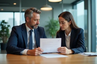 Responsable RH et salarié examinant un document officiel de contravention en entreprise