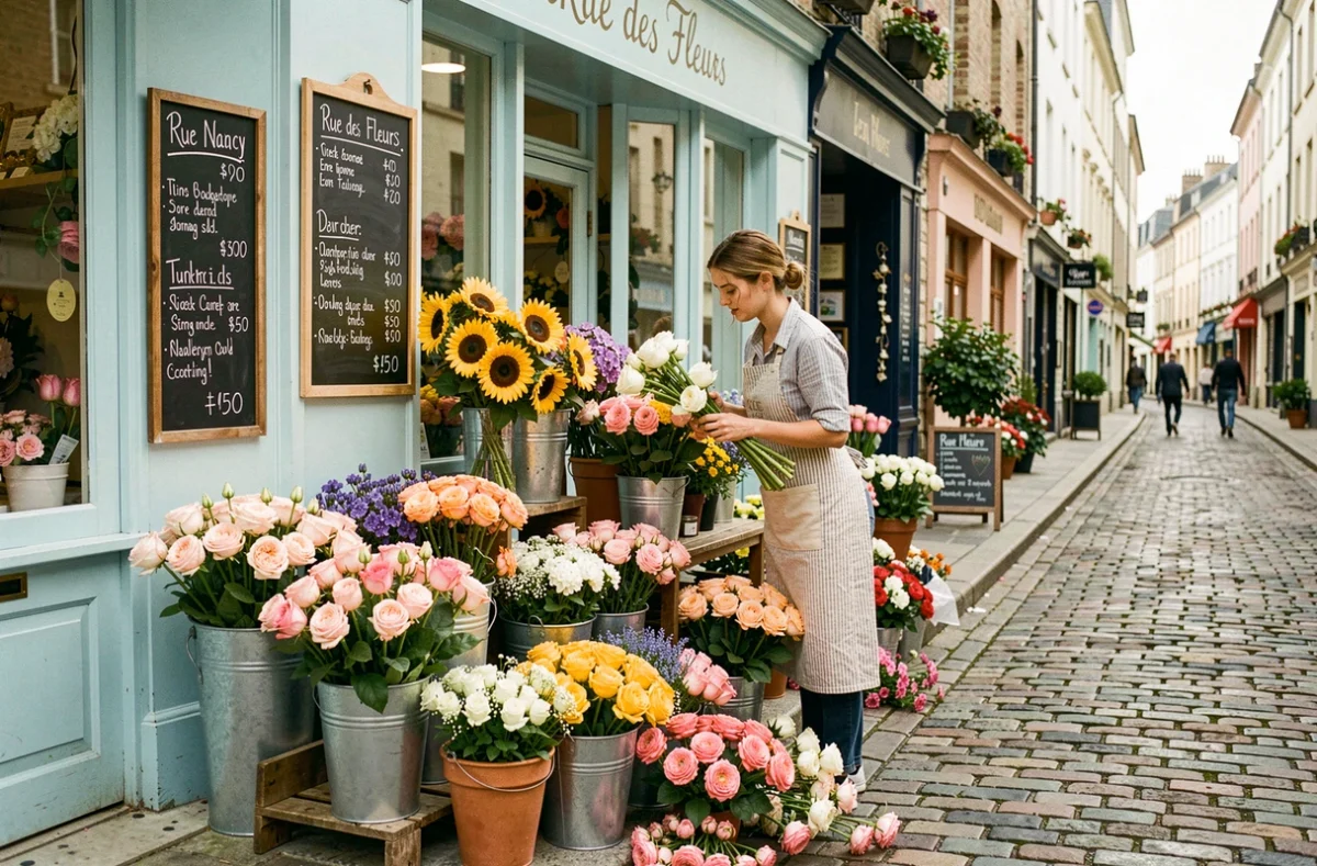 Devanture fleurie de la boutique Rue Des Fleurs à Nancy avec des seaux de fleurs fraîches sur le trottoir en pavés