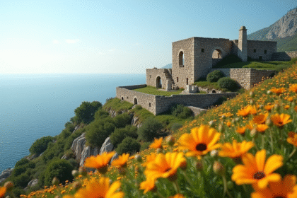 Ruines anciennes ensoleillees sur une colline verte face a la mer