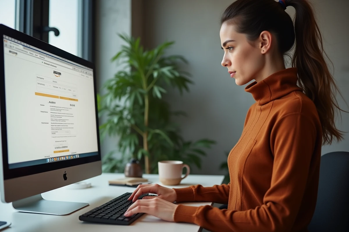 Jeune femme saisissant un code carte Illicado sur la page de paiement Amazon depuis un bureau moderne
