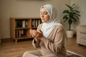 Femme musulmane en hijab blanc faisant la prière de la tawbah sur un tapis de prière dans un salon calme à la maison