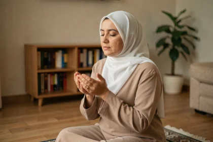 Femme musulmane en hijab blanc faisant la prière de la tawbah sur un tapis de prière dans un salon calme à la maison