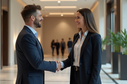Deux adultes souriants se saluant dans un lobby moderne