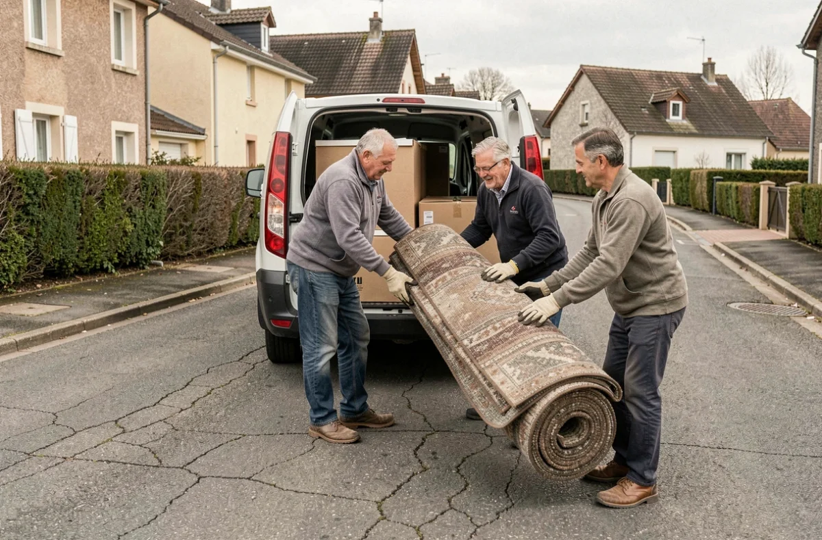 Père et fils de l'entreprise Sans Et Fils SARL chargeant du mobilier dans un camion de déménagement en Ariège