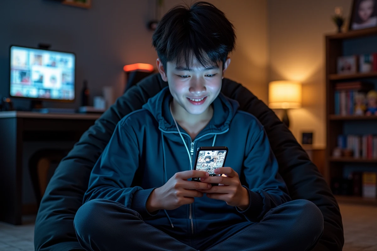 Adolescent lisant des scans de manga sur smartphone dans une chambre de gamer