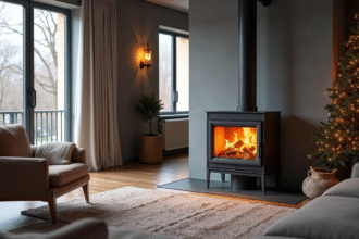 Salon moderne avec poele en bois et lumiere naturelle