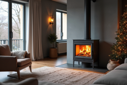 Salon moderne avec poele en bois et lumiere naturelle