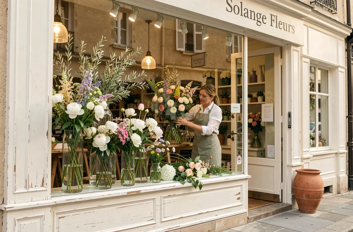Vitrine fleurie de la boutique Solange Fleurs avec des pivoines blanches et branches d'olivier dans de grands vases en verre