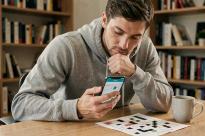 Homme utilisant un solveur de mots sur smartphone à côté d'une grille de mots croisés papier sur un bureau en bois