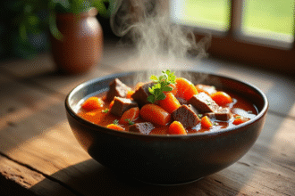 Bol de soupe de boeuf et carottes chaud et appétissant