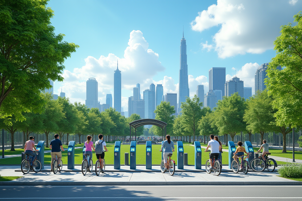 Station de vélos en libre-service dans un parc avec des personnes qui roulent et garent leurs vélos
