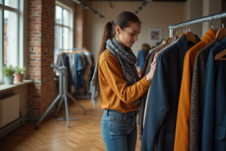 Styliste femme arrangeant des tenues dans un studio moderne