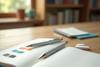 Stylo 4 couleurs effaçable posé sur un carnet ouvert avec des tests d'encre sur bureau en bois