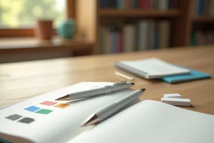 Stylo 4 couleurs effaçable posé sur un carnet ouvert avec des tests d'encre sur bureau en bois