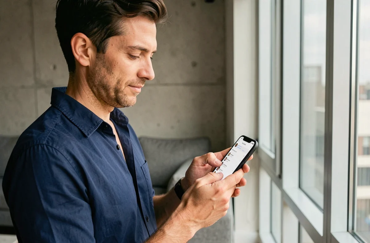 Homme consultant les paramètres de suppression de compte sur une application de rencontre depuis son smartphone