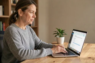 Femme d'une quarantaine d'années désactivant son compte sur un site de rencontre depuis son ordinateur portable à domicile