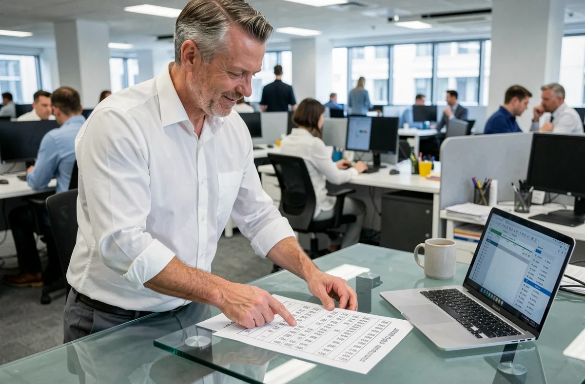 Homme en bureau professionnel consultant un tableau de conversion de minutes en heures décimales sur papier