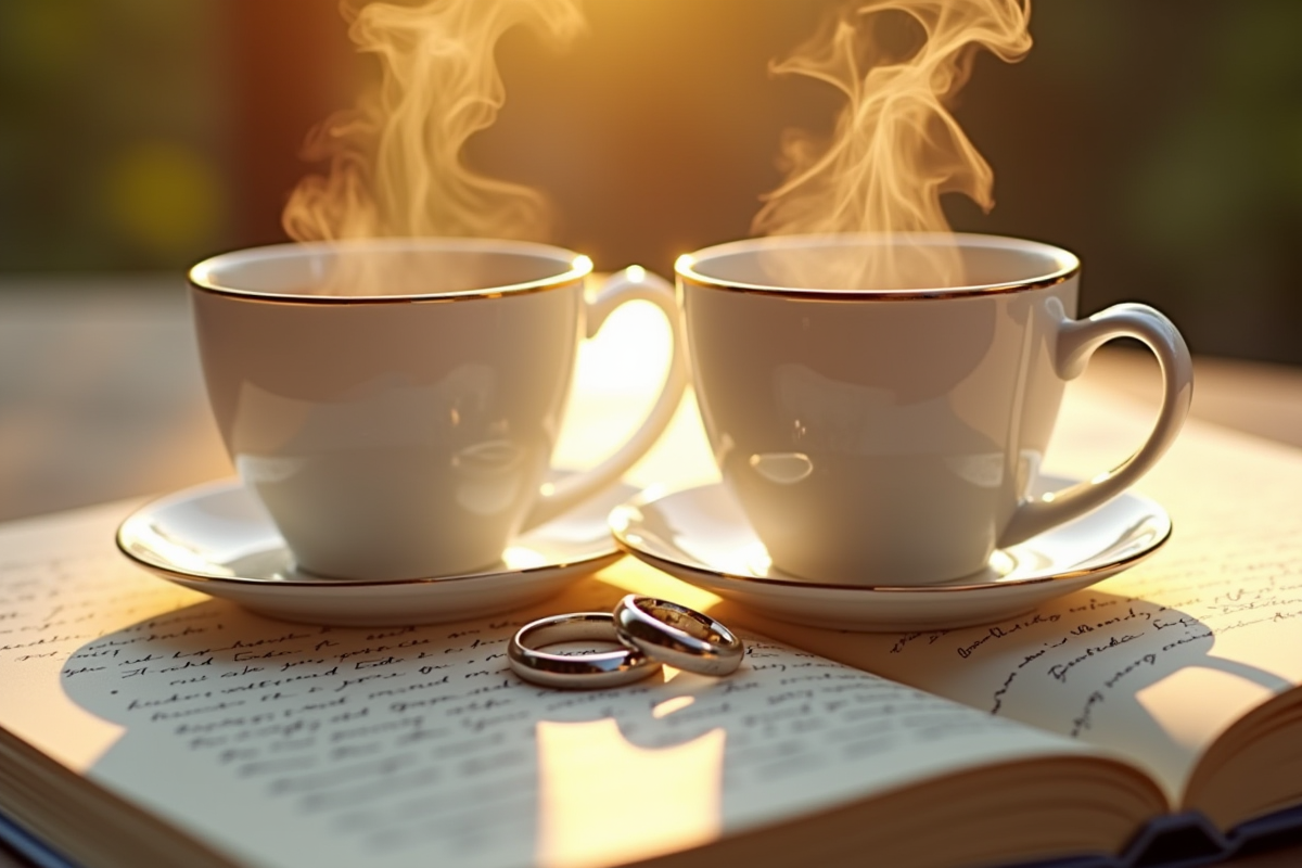 Tasses à café en porcelaine et alliances sur lettre d