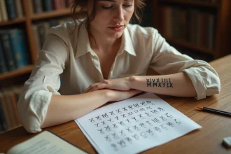 Femme avec un tatouage en chiffres romains sur l'avant-bras consultant une feuille de conversion de dates