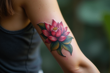 Poignet d'une femme avec tatouage lotus en lumière naturelle