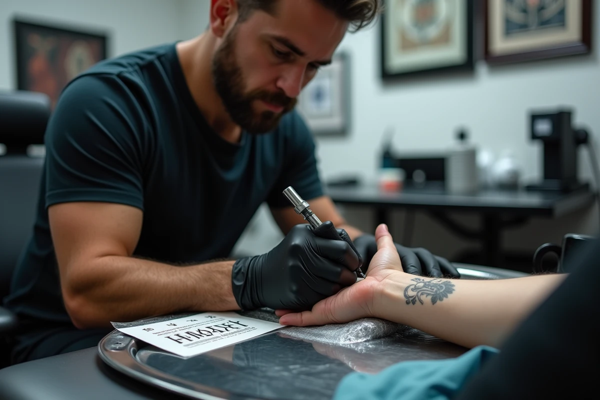 Tatoueur traçant un chiffre romain sur le poignet d'un client dans un studio de tatouage professionnel