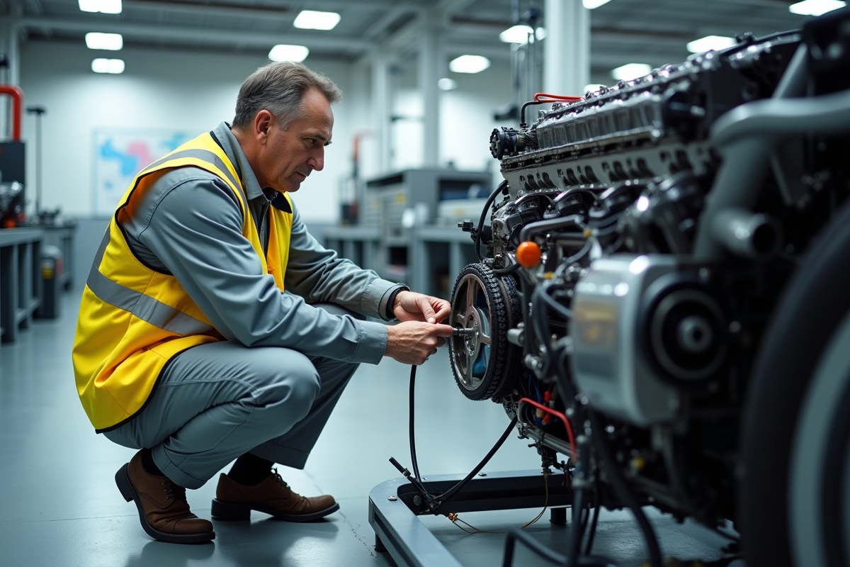 Homme ajustant un moteur hybride dans un laboratoire automobile moderne