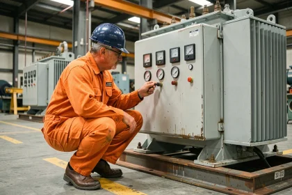 Technicien industriel inspectant un transformateur triphasé monophasé dans une usine de fabrication