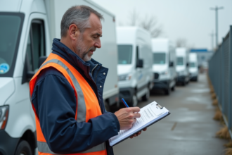 Technicien homme avec van industriel en extérieur
